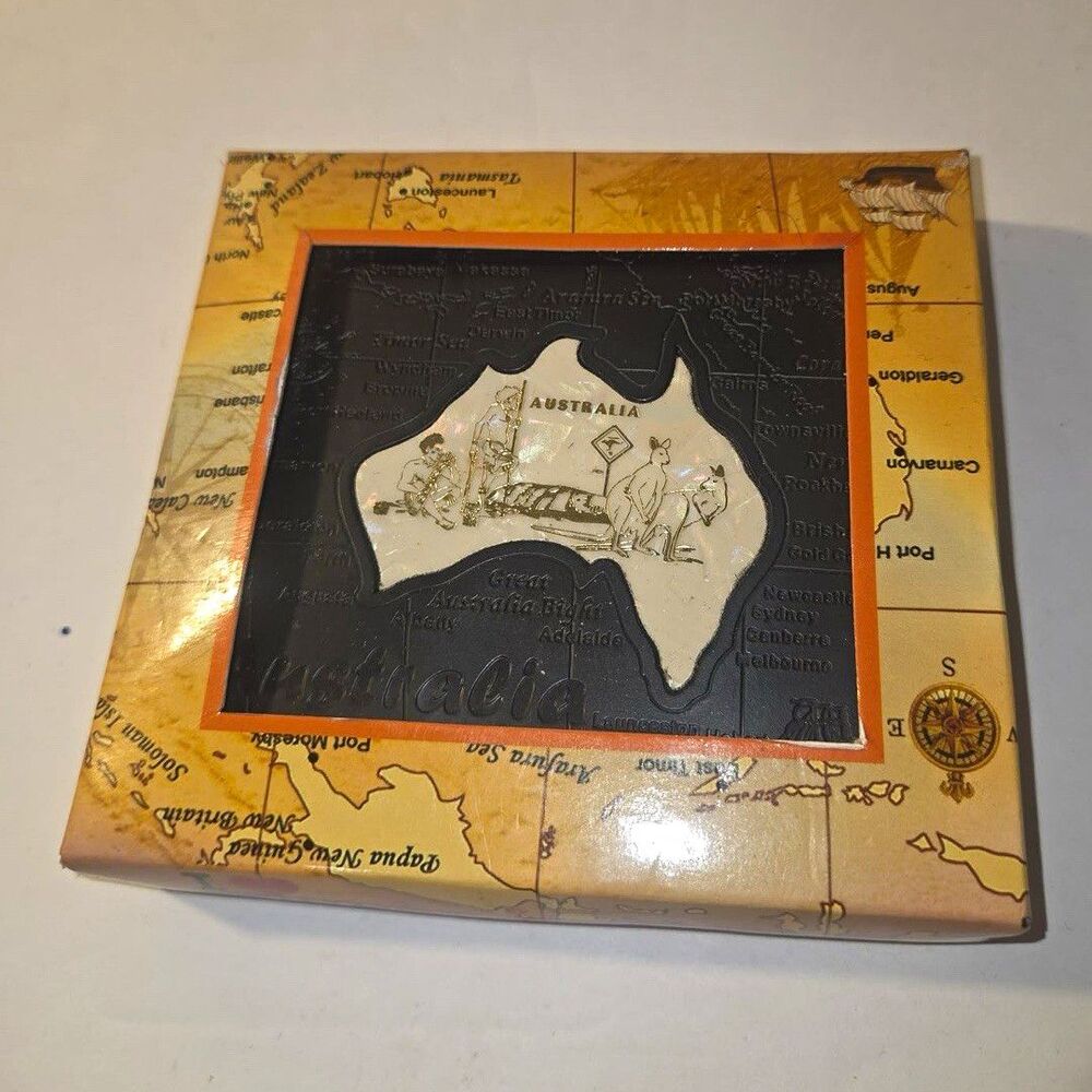 Australia Map 6pc Square Coaster Set Black/Beige Pictorial Plastic Lightweight